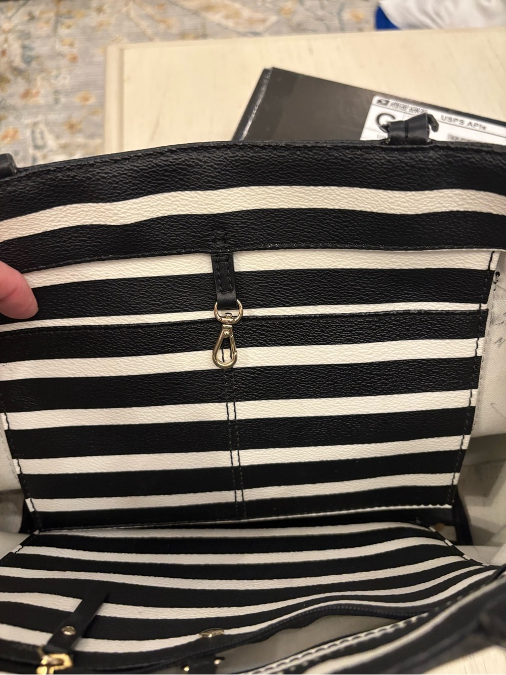 Kate Spade New York Black & White Striped Tote with Mint Trim - Picture 6 of 15